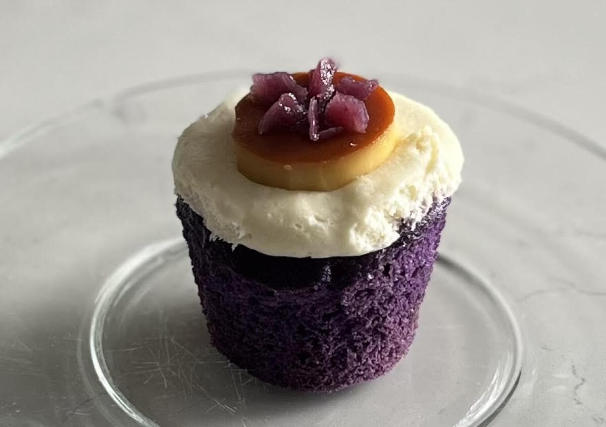 An ube leche flan cupcake at Flour Atelier bakery and floral shop in Kearny Mesa.