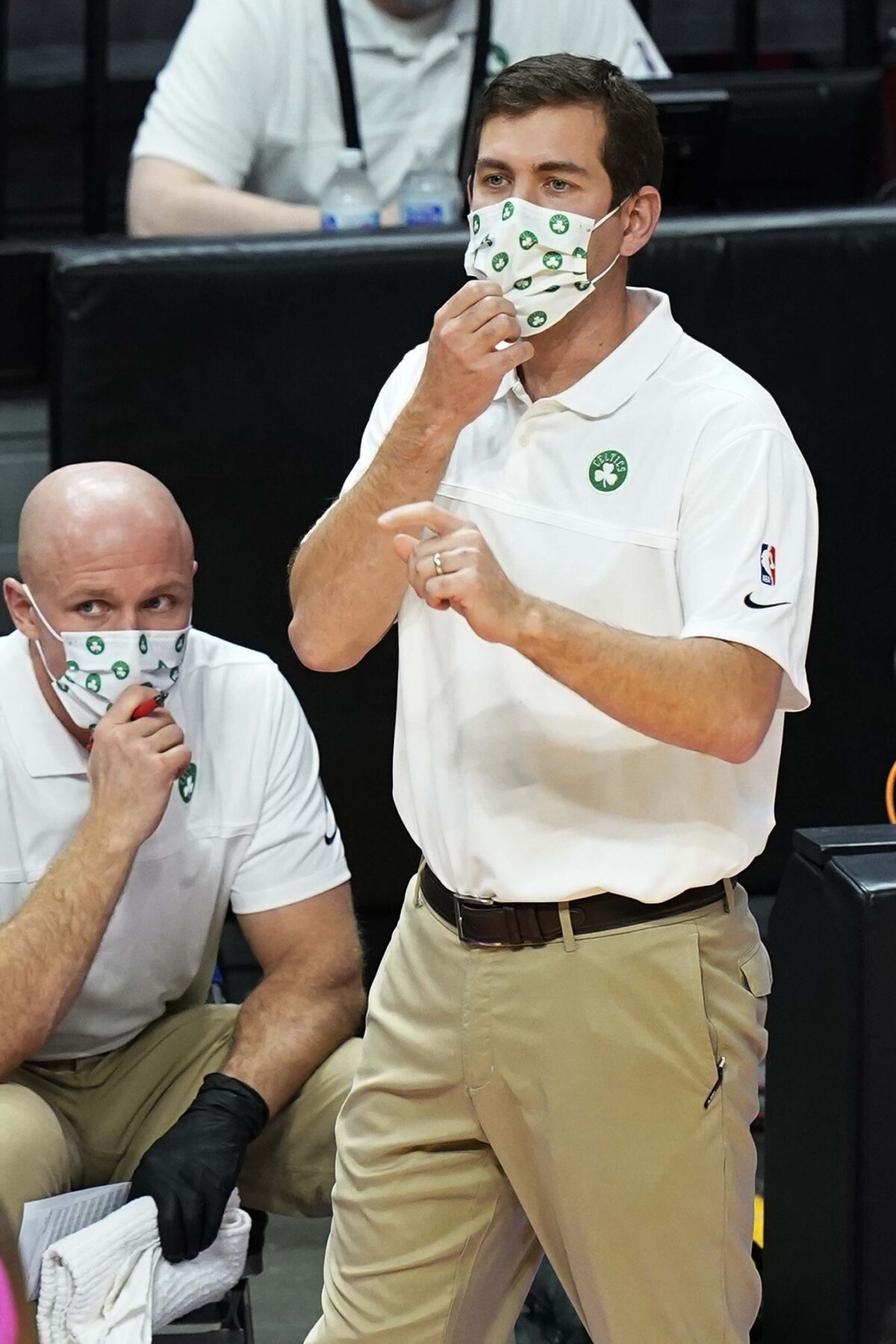 Boston Celtics head coach Brad Stevens gestures during the first half of an NBA basketball game against the Miami Heat, Wednesday, Jan. 6, 2021, in Miami. (AP Photo/Marta Lavandier)