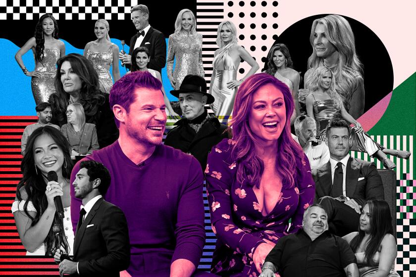 A colorful collage featuring a variety of reality TV stars. Nick and Vanessa Lachey are centered.