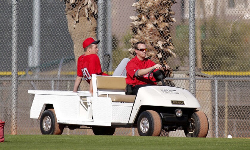 Angels pitcher Mark Mulder is carted off the field after suffering a ruptured left Achilles' tendon during a spring training session in Tempe, Ariz., on Saturday.