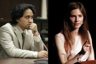 Vili Fualaau, left, sits in a courtroom in a beige suit. Amanda Knox, right, wears a pale pink dress and speaks at a podium.