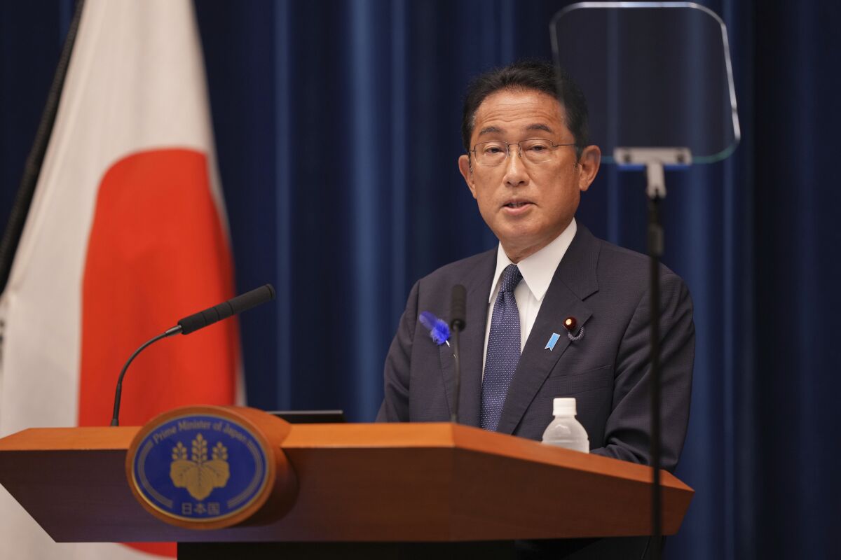 Japan's Prime Minister Fumio Kishida delivers a speech at his official residence in Tokyo Thursday, July 14, 2022. (Zhang Xiaoyu/Pool Photo via AP)