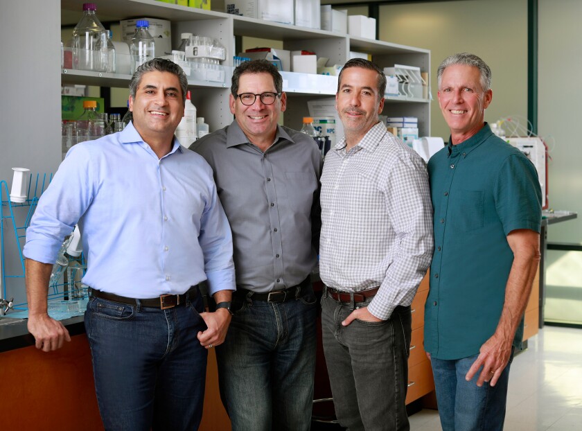 From left, Sergio Duron, chief science officer of Calporta; Jay Lichter, managing director of Avalon Ventures; Tighe Reardon, chief financial officer of Avalon Ventures; and Sanford (Sandy) Madigan, senior vice president of business development of COI Pharmaceuticals.