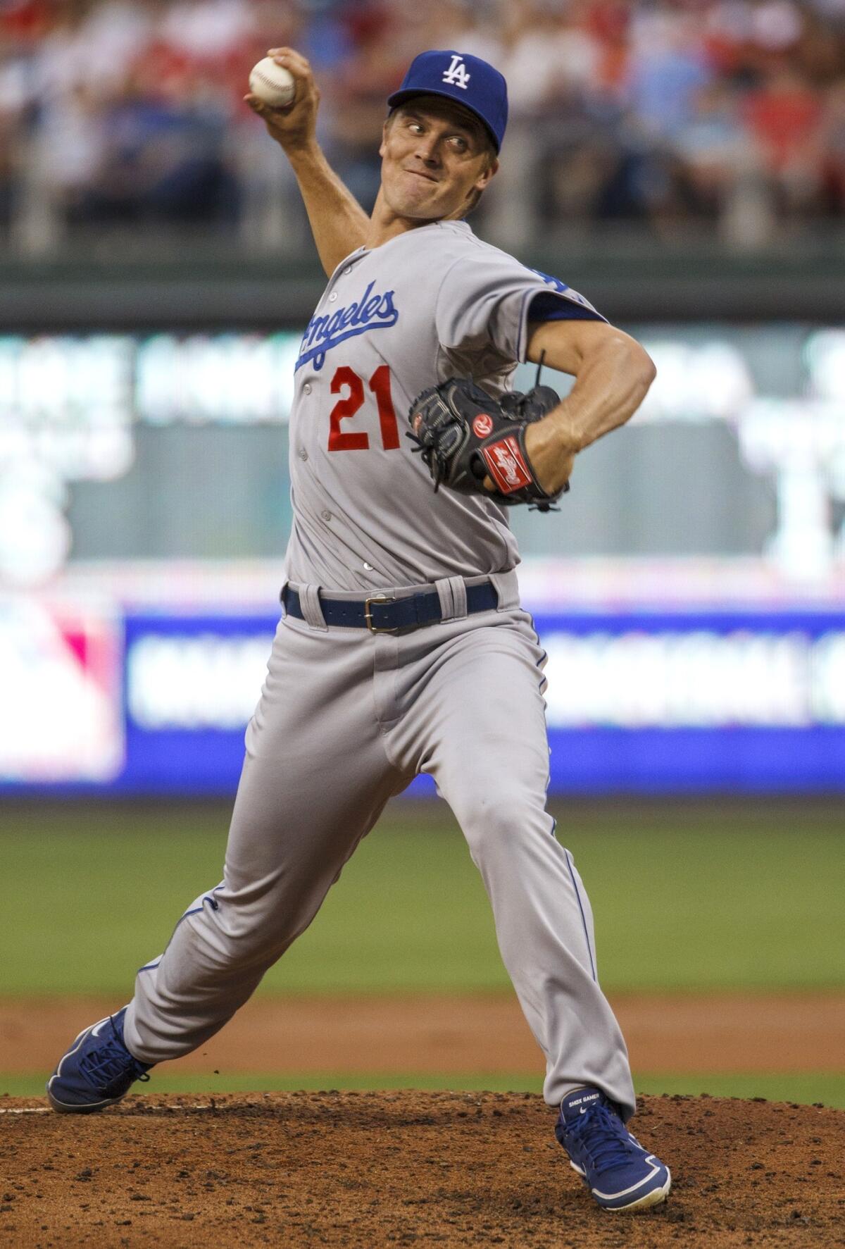 Dodgers starting pitcher Zack Greinke gave up only three hits and walked four in 7 1/3 innings against the Phillies on Friday.