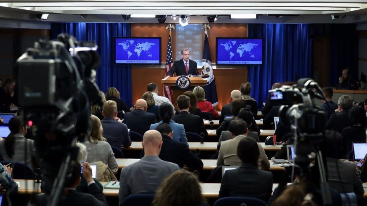 State Department spokesman Mark Toner, an Obama administration holdover, on Tuesday answers reporters' questions at the department's first on-camera briefing since President Trump was inaugurated Jan. 20.