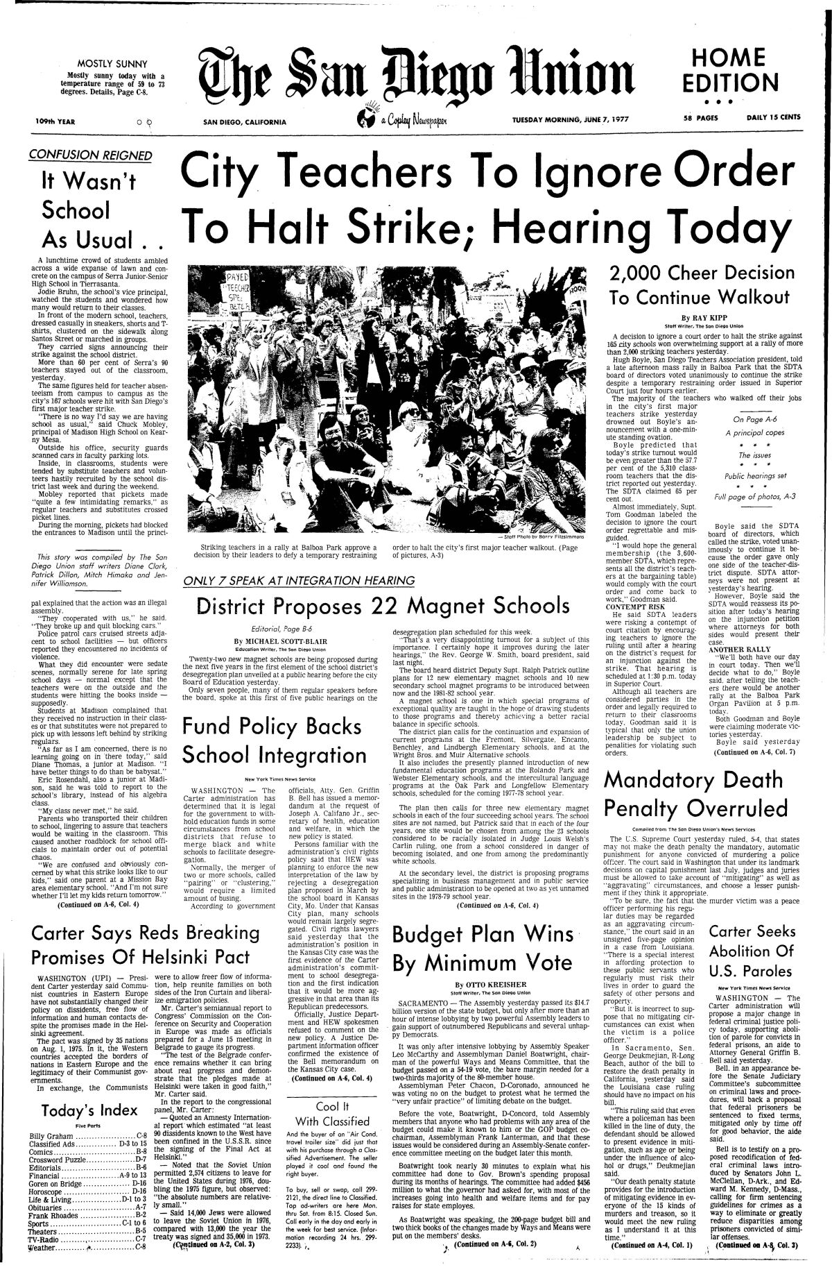 Front page of The San Diego Union, June 7, 1977.