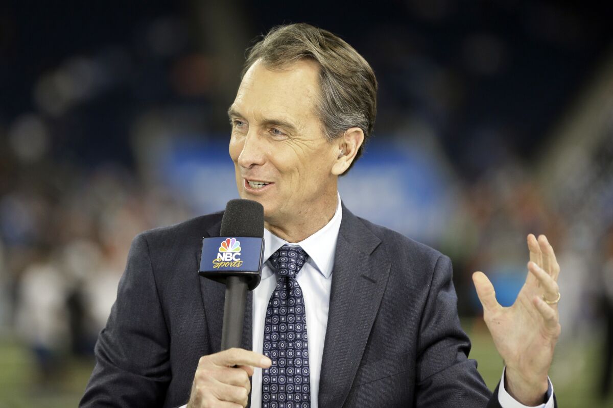 NBC Sports analyst Cris Collinsworth is seen during warmups before an NFL football game between the Detroit Lions and the Denver Broncos, on, Sept. 27, 2015, in Detroit. Collinsworth is familiar with unlikely Super Bowl runs by the Cincinnati Bengals. He was part of the first two as a player and now gets to call Sunday’s matchup against the Los Angeles Rams.(AP Photo/Carlos Osorio, File)