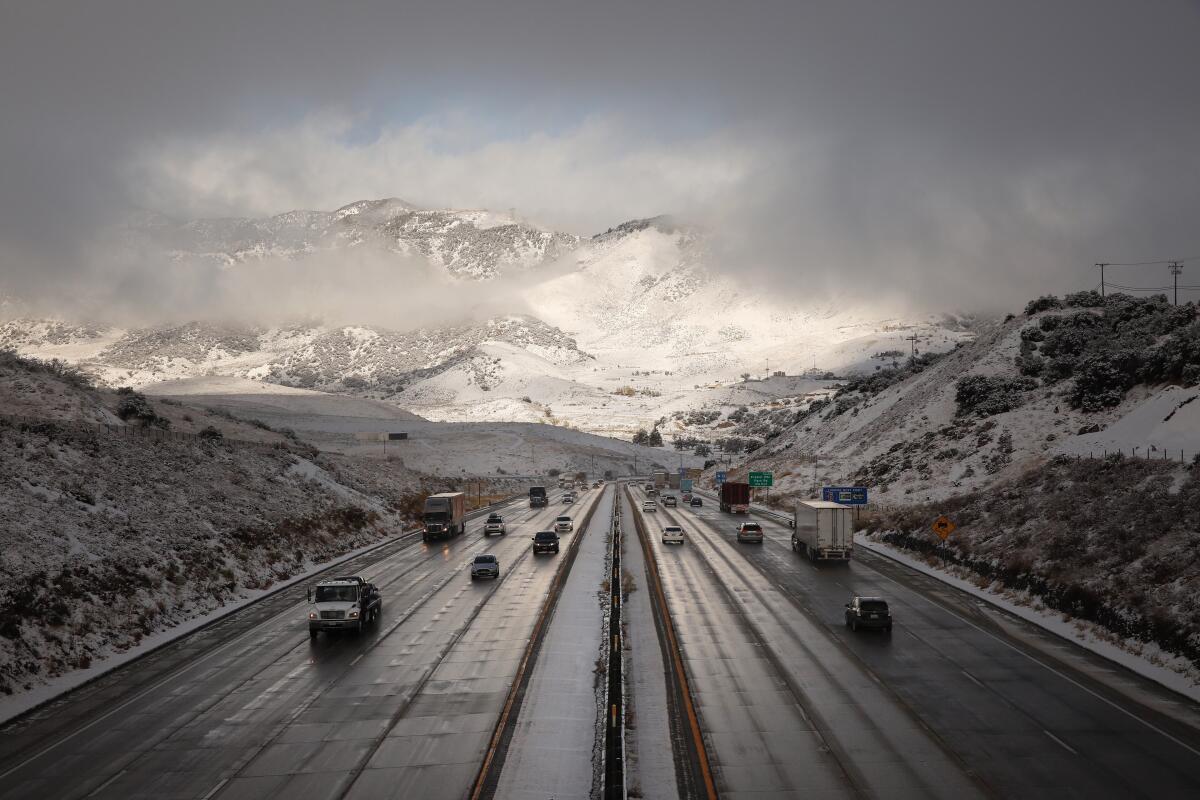 Snow blankets the top of the Tejon Pass between Gorman and Frazier Park