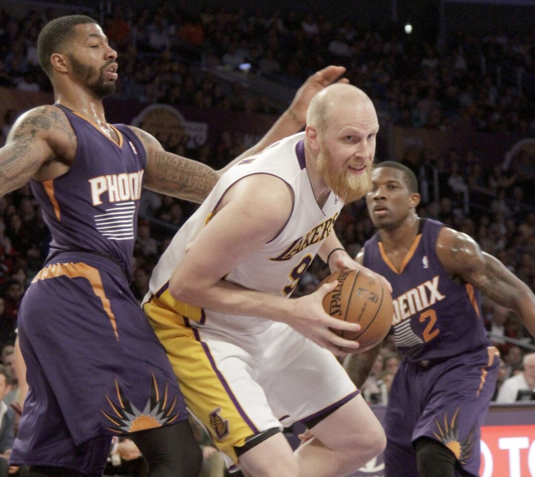 Lakers center Chris Kaman, right, tries to work his way around Phoenix Suns forward Markieff Morris during the first half of Sunday's game at Staples Center.