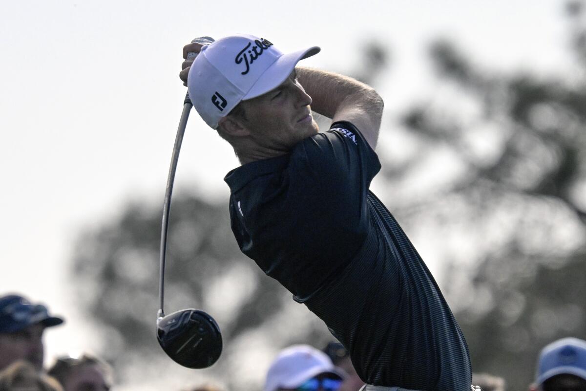 Will Zalatoris hits a tee shot during the third round of the Farmers Insurance Open at Torrey Pines on Jan. 28, 2022.
