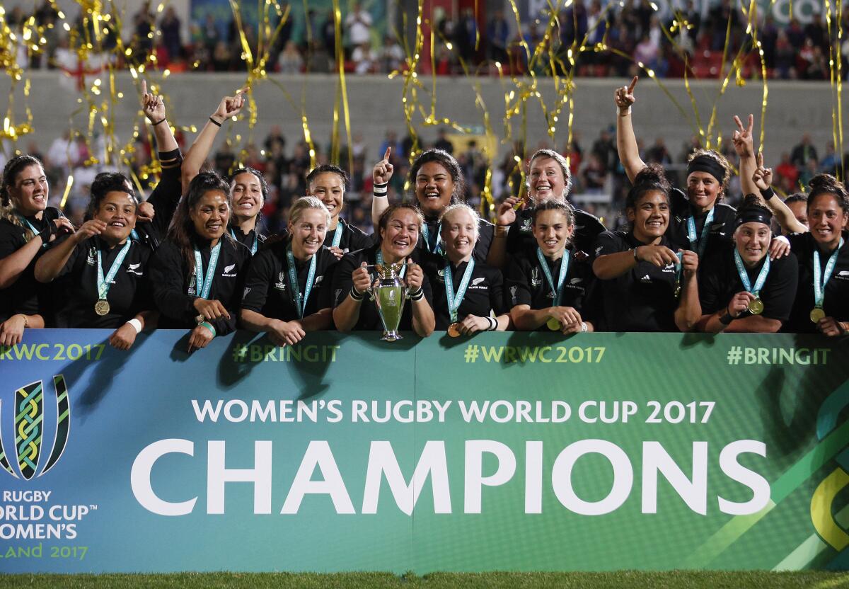 FILE - New Zealand celebrates after winning the Women's Rugby World Cup final in Belfast, Northern Ireland, Saturday, Aug. 26, 2017. New Zealand is host and defending champion but won’t start as favorite in the Women’s Rugby World Cup, which begins Saturday, Oct. 8, 2022, with three consecutive matches at Auckland’s Eden Park stadium. (AP Photo/Peter Morrison, File)