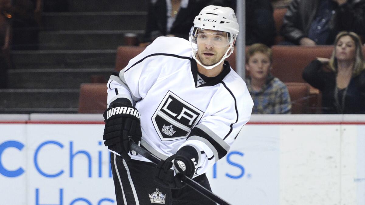 Kings defenseman Andrej Sekera makes a pass during a game against the Ducks at Honda Center on Feb. 27.