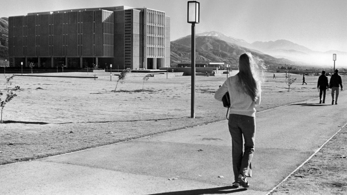 Nov. 20, 1972: Library, left, and gymnasium on campus of Cal State San Bernardino.
