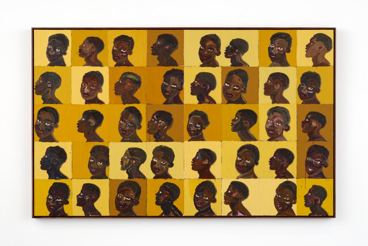 A painting filled with various faces in a grid