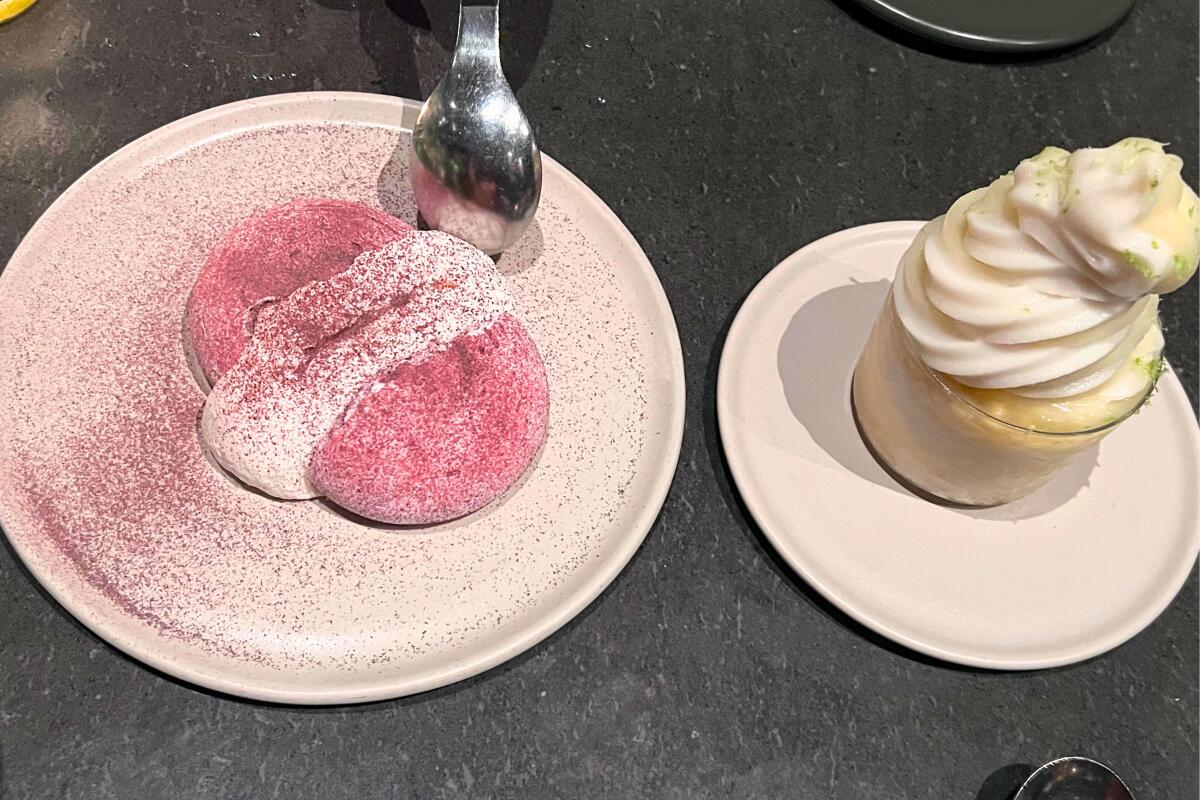 The hibiscus meringue and pineapple and coconut soft serve from Damian