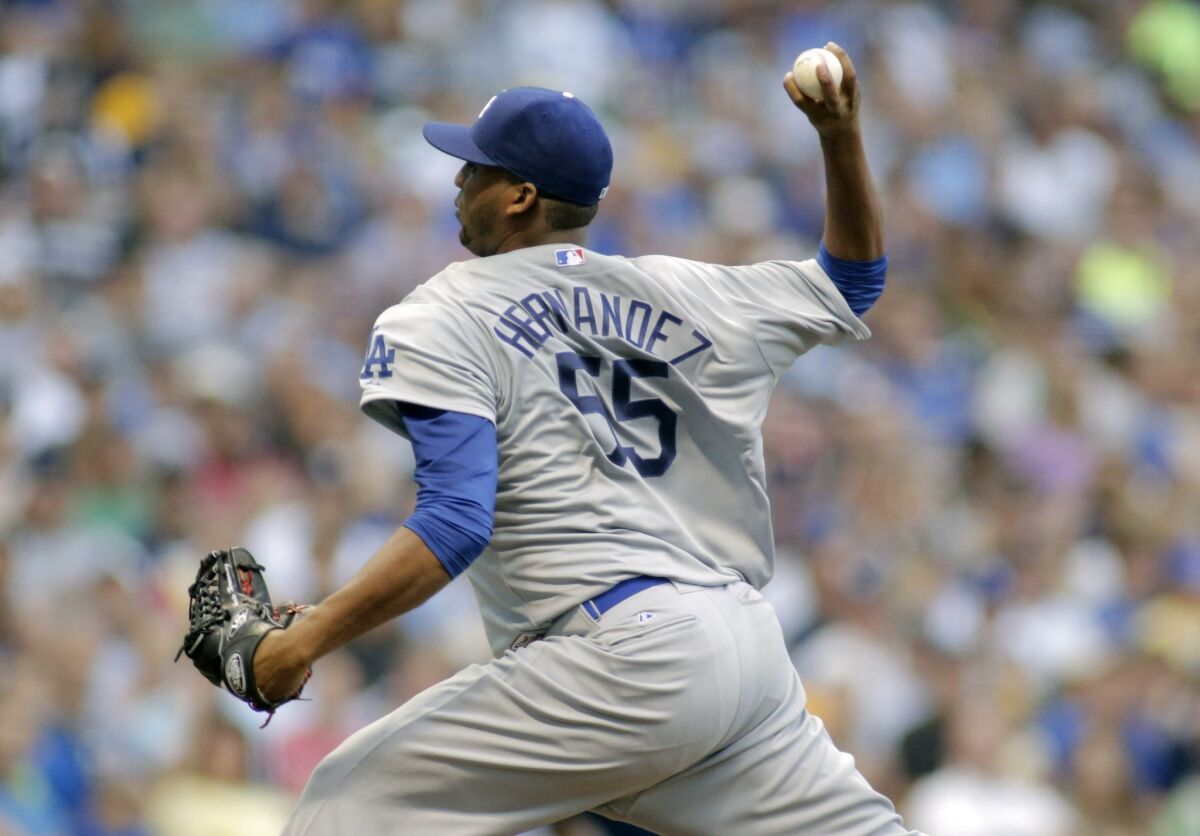 Roberto Hernandez made his debut with the Dodgers against the Brewers on Friday in Milwaukee. Hernandez gave up two runs on three hits while collecting five strike outs over six innings.