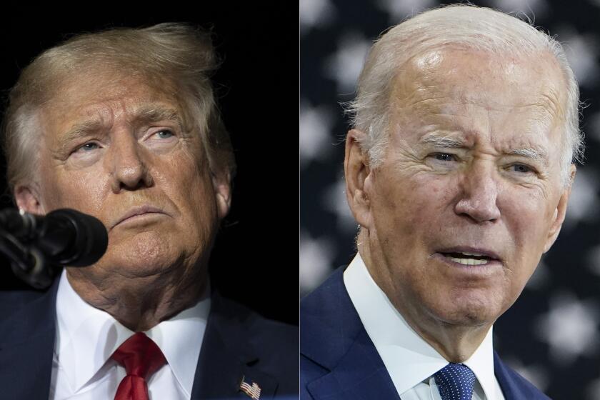 This combination of photos shows former President Donald Trump, left, and President Joe Biden, right. This year’s midterm elections are playing out as a strange continuation of the last presidential race — and a potential preview of the next one. (AP Photo/File)