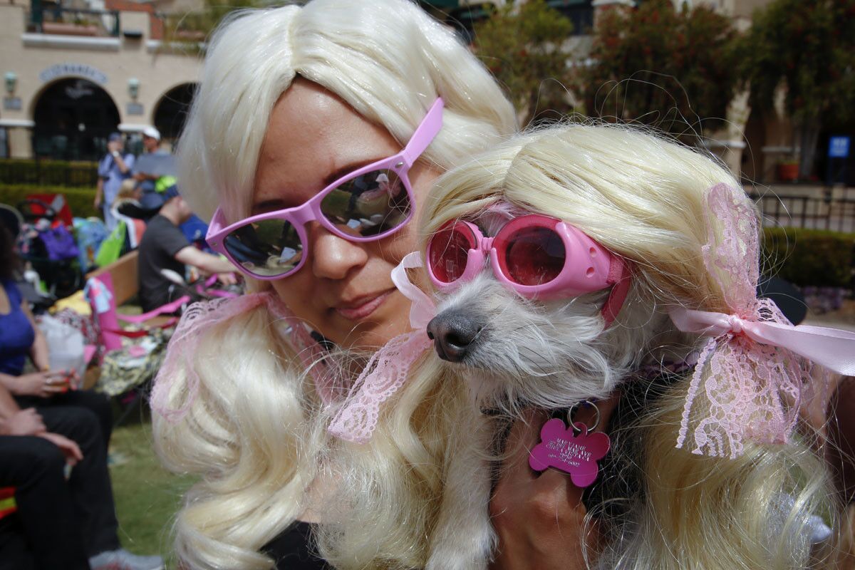 DEL MAR, CALIFORNIA, USA -- APRIL 9, 2017 MANDATORY CREDIT: PHOTO BY NELVIN C. CEPEDA, SAN DIEGO UNION-TRIBUNE Carissa Musaraca (cq) and her dog Mary Jane wait for their turn to compete in the category "Who's Dog Looks Most Like Their Owner" contest at the Del Mar Ugly Dog Contest held on Sunday.