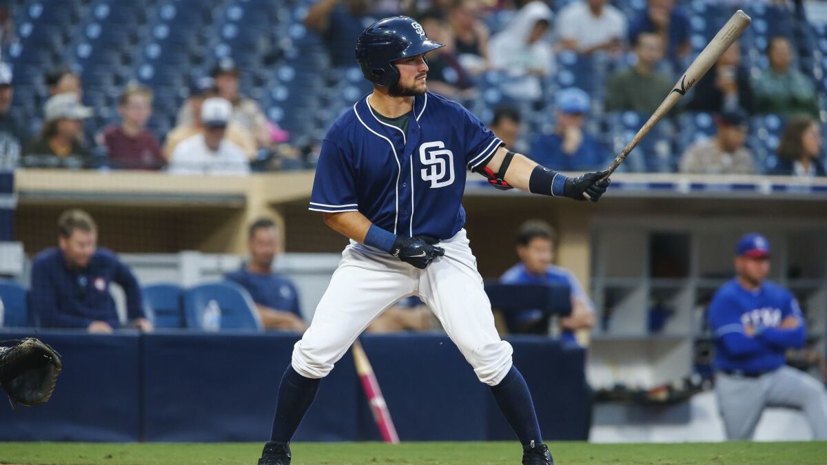 Padres catcher Luis Torrens (21) bats in the second inning against the Rangers on Sept. 27, 2018, in a prospect exhibition at Petco Park.