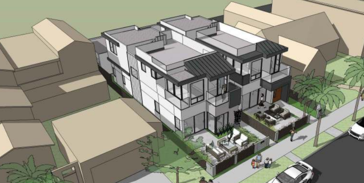 A rendering depicts a two-home development planned for 304 and 306 Kolmar St. in Windansea in La Jolla.