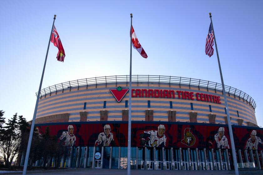 The home rink of the Ottawa Senators, the Canadian Tire Centre, stands in Ottawa, Ontario, Thursday, March 12, 2020. The National Hockey League has suspended the season due to concerns about the coronavirus. (Sean Kilpatrick/The Canadian Press via AP)