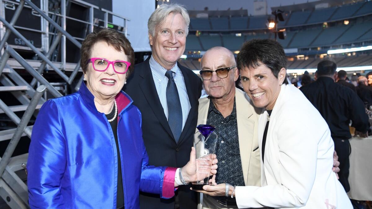 Honoree Billie Jean King, left, with Dodgers chairman and owner Mark Walter, Bernie Taupin and honoree Ilana Kloss