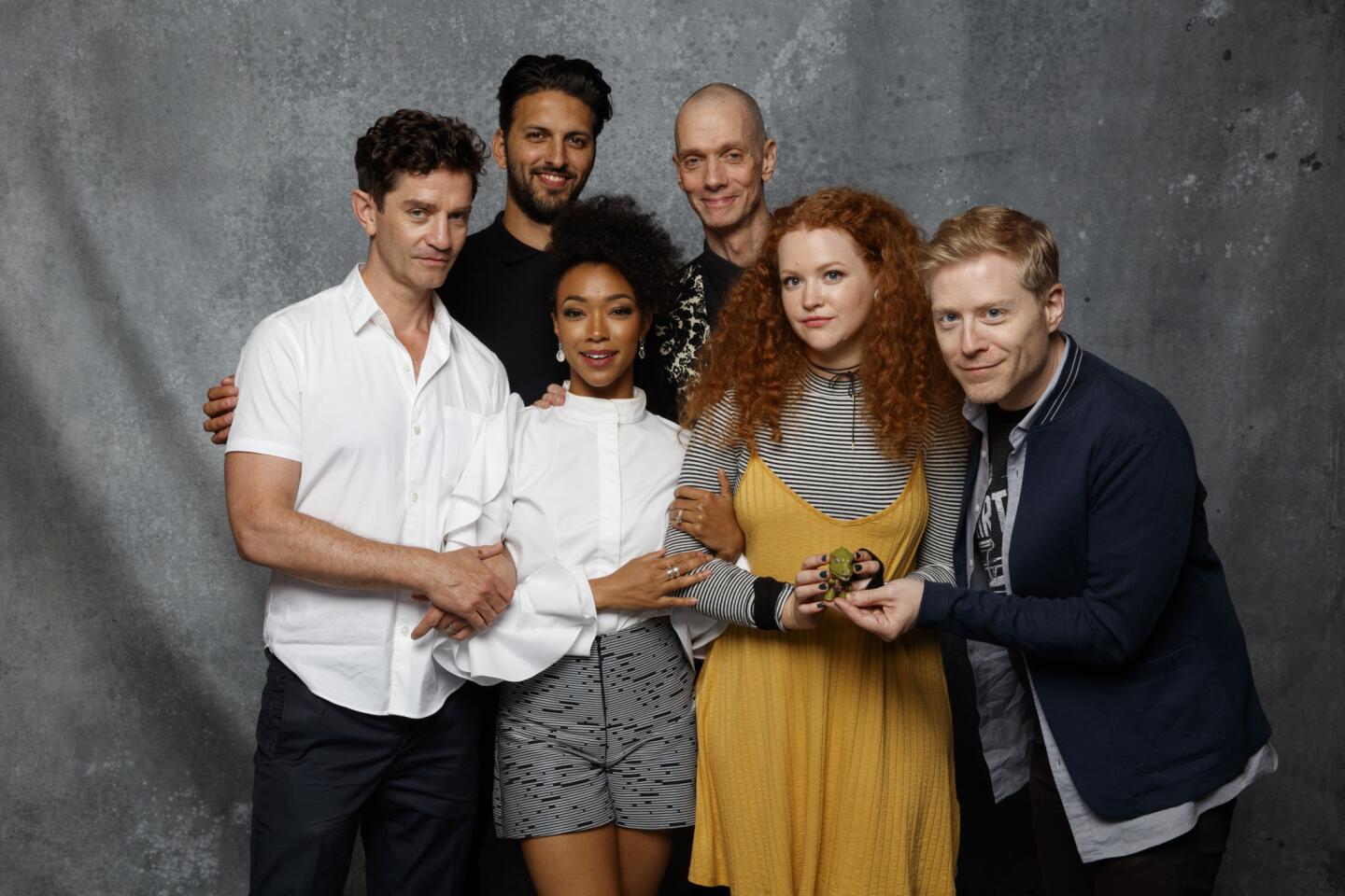 The "Discovery" crew, out of uniform: James Frain, left, Shazad Latif, Sonequa Martin-Green, Doug Jo