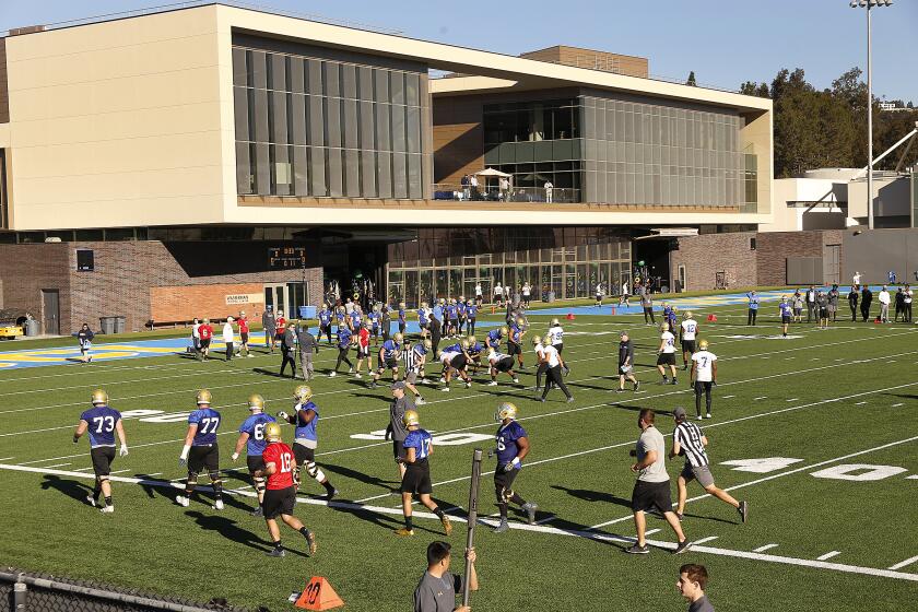 WESTWOOD, CA - MARCH 06, 2018 - UCLA football on the Spaulding practice field on the UCLA Westwood campus.