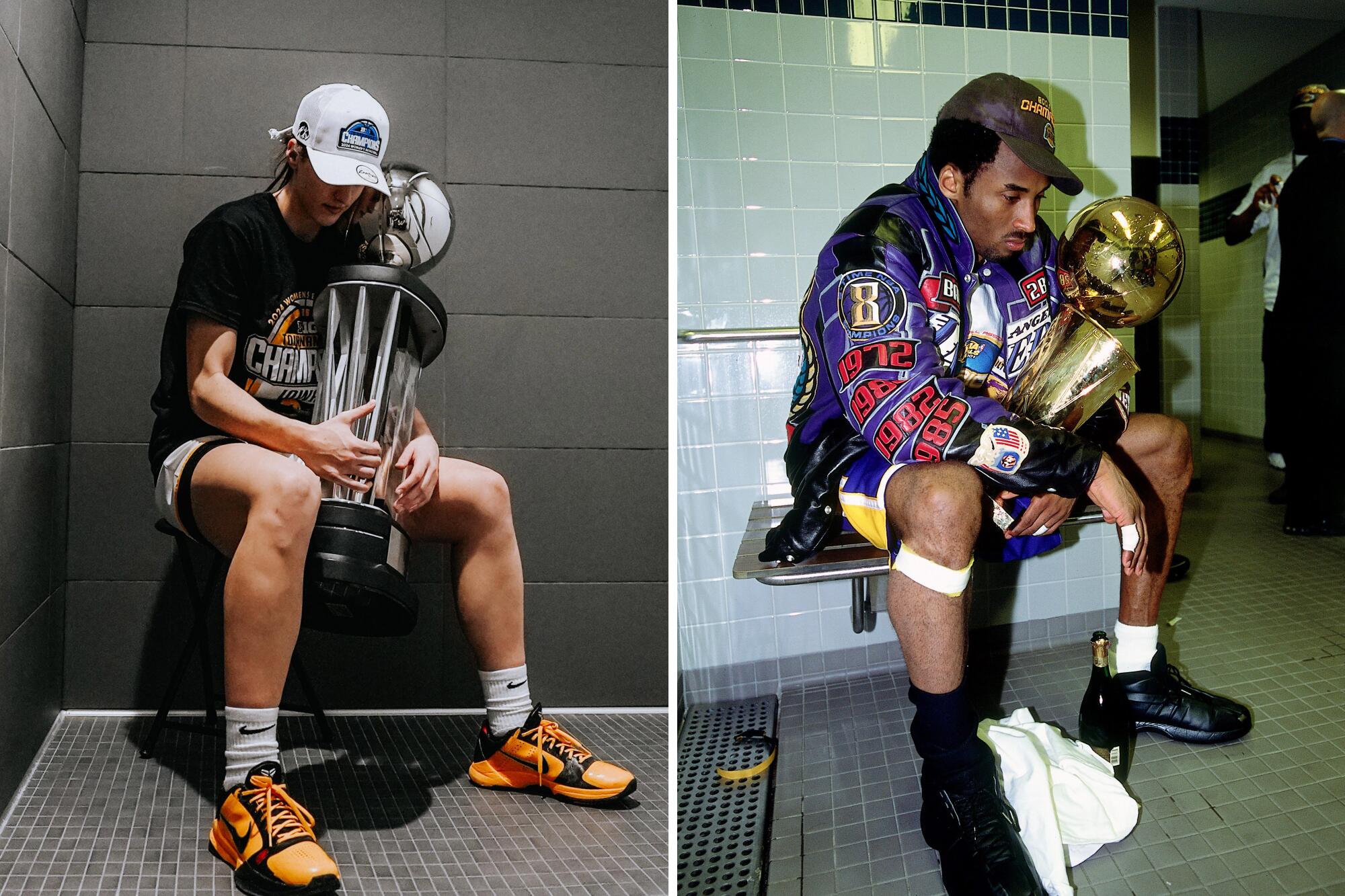 In separate images, Caitlin Clark and Kobe Bryant sit in a shower holding trophies, expressions downcast.