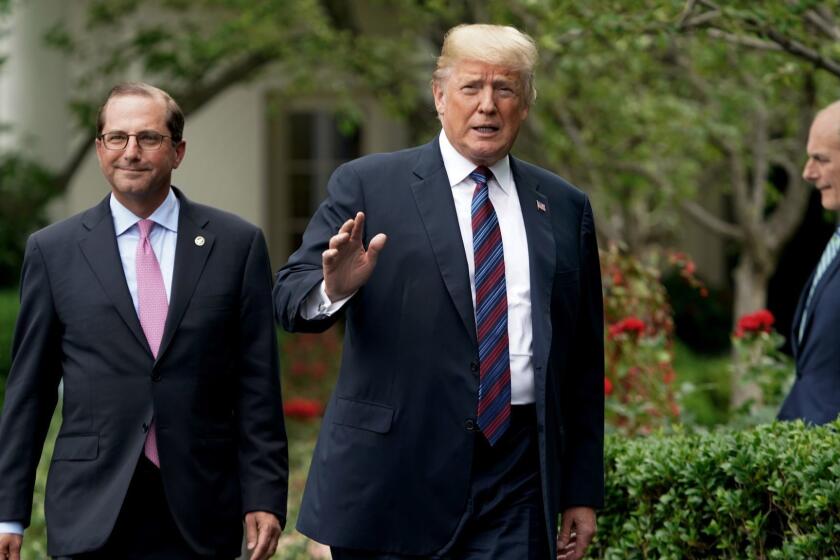 President Donald Trump arrives with Department of Health and Human Services Secretary Alex Azar, left, and chief of staff John Kelly, for the White House Sports and Fitness Day on the South Lawn of the White House, Wednesday, May 30, 2018, in Washington. (AP Photo/Andrew Harnik)
