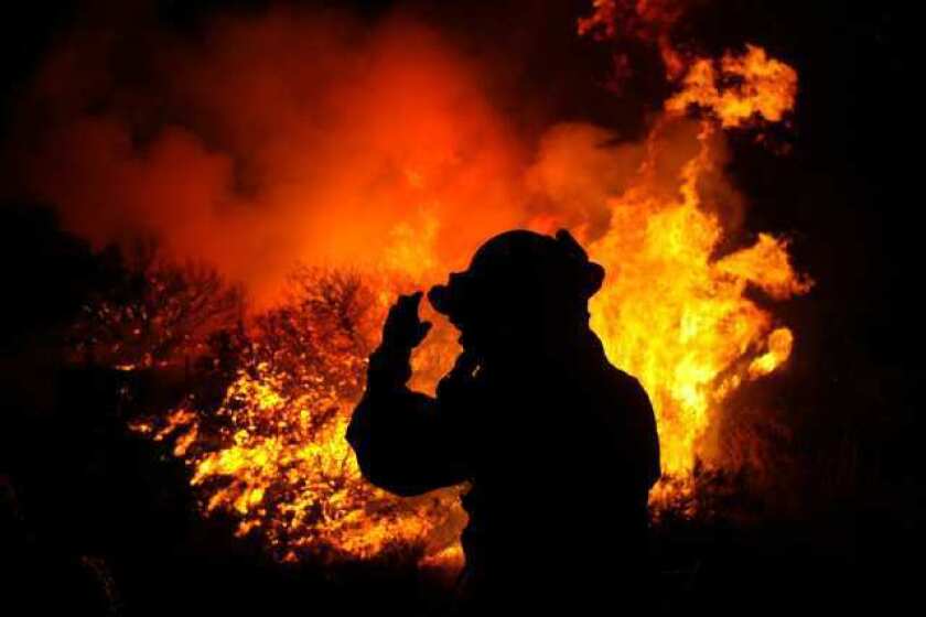 A firefighter surveys a scene at the 2003 Cedar fire in San Diego County.