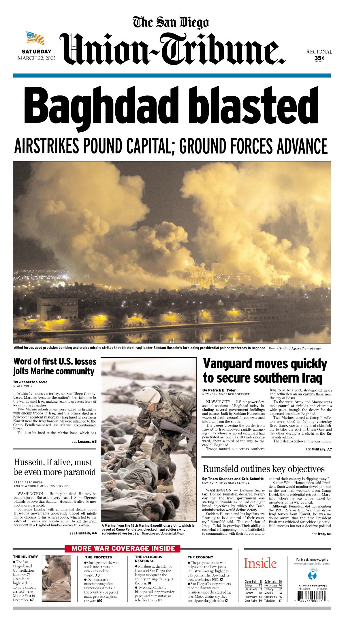 Front page of The San Diego Union-Tribune, Saturday, March 22, 2003.