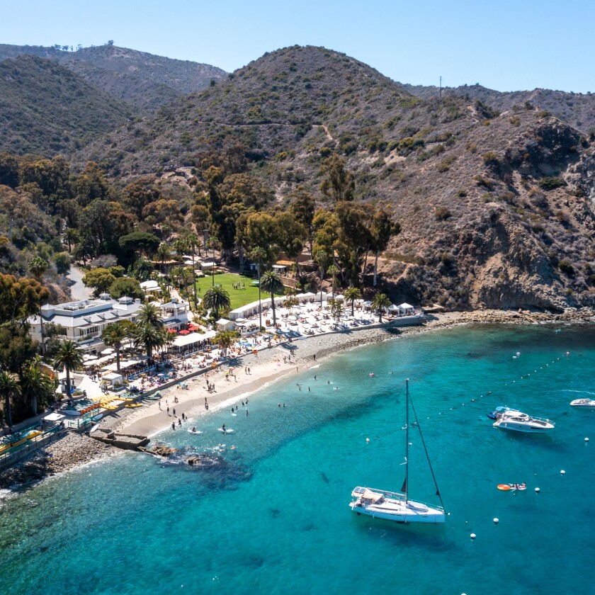 An aerial view of boats moored at Descanso Beach Club on Catalina Island.