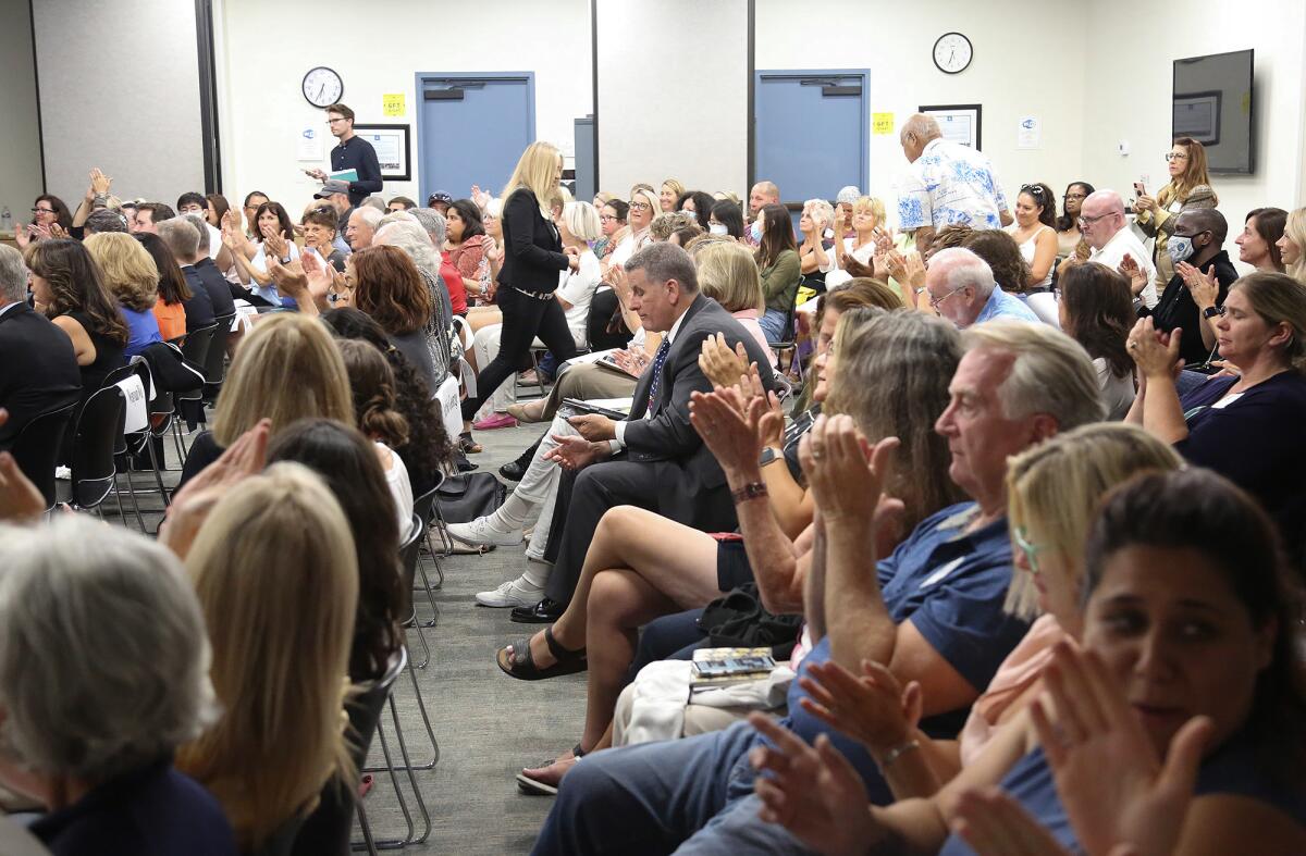 A capacity crowd in the chambers of the O.C. Board of Education meeting to discuss ethnic studies and critical race theory.