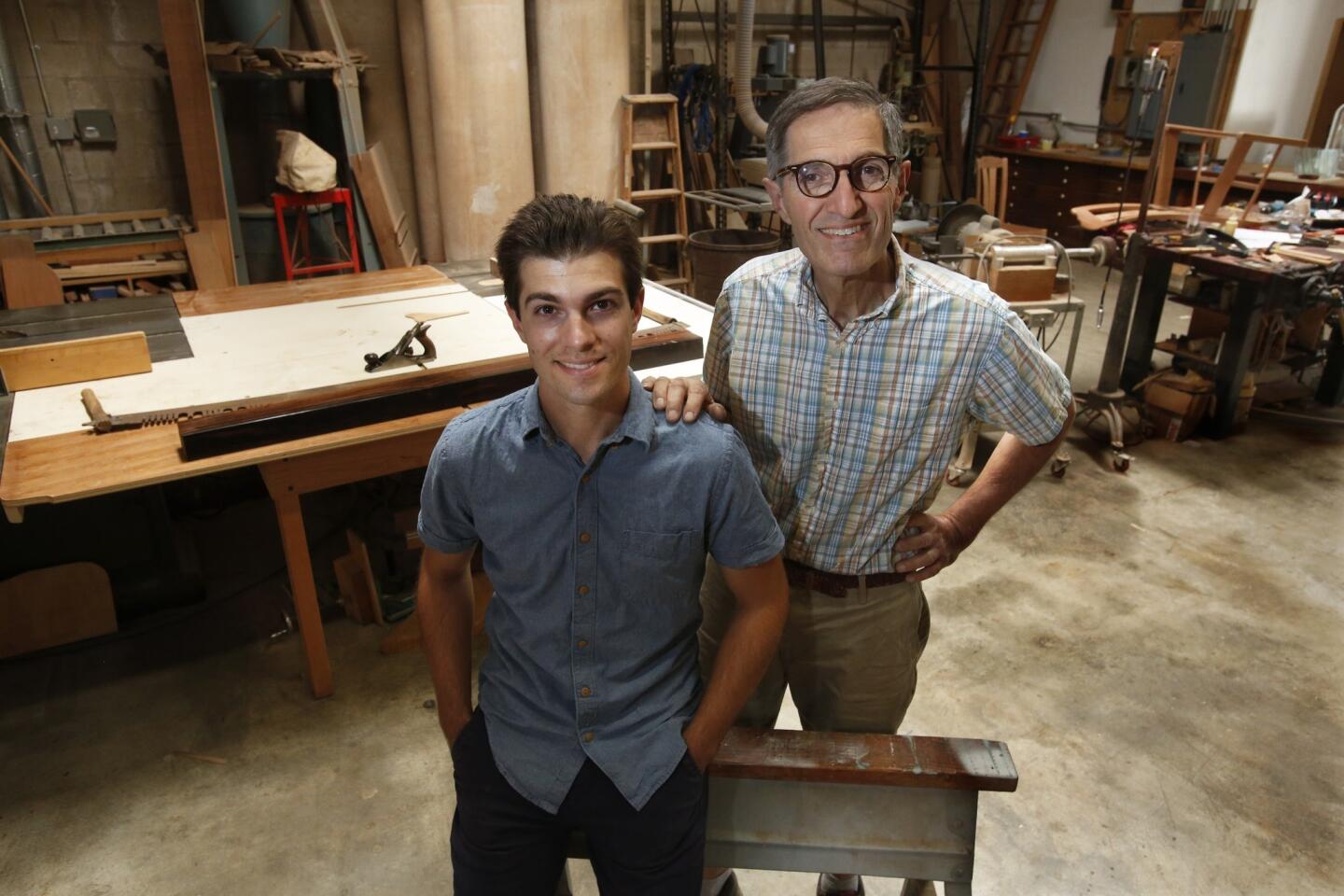 Jim Ipekjian, right, and his son Jack Ipekjian are a woodworking team at Pasadena Woodworks. Jim is a master of the Arts and Crafts form who helped restore the Greene & Greene Blacker House in Pasadena. Jack recently started his own firm doing limited production furniture.