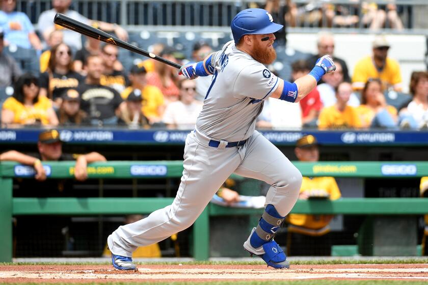 PITTSBURGH, PA - MAY 26: Justin Turner #10 of the Los Angeles Dodgers singles in the first inning during the game against the Pittsburgh Pirates at PNC Park on May 26, 2019 in Pittsburgh, Pennsylvania. (Photo by Justin Berl/Getty Images)