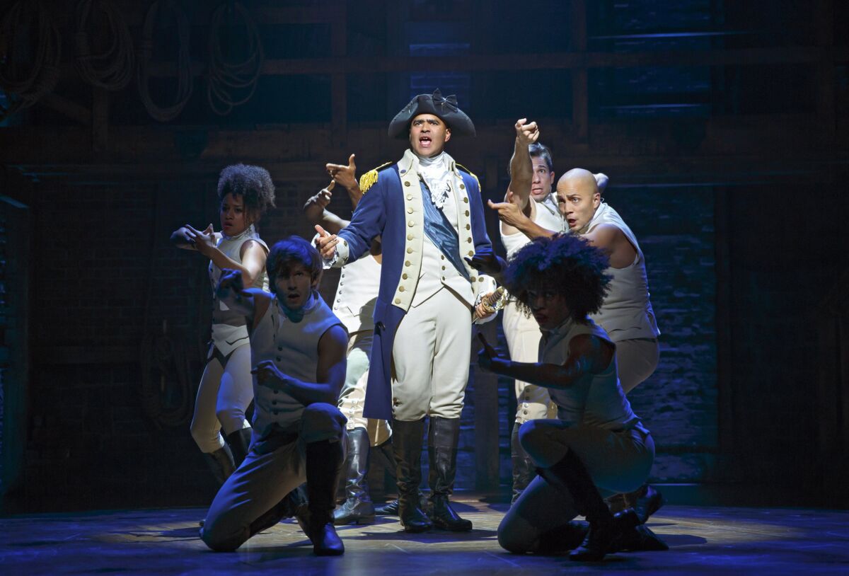 Christopher Jackson portrays George Washington during a performance of the musical "Hamilton" at the Richard Rodgers Theatre in New York.