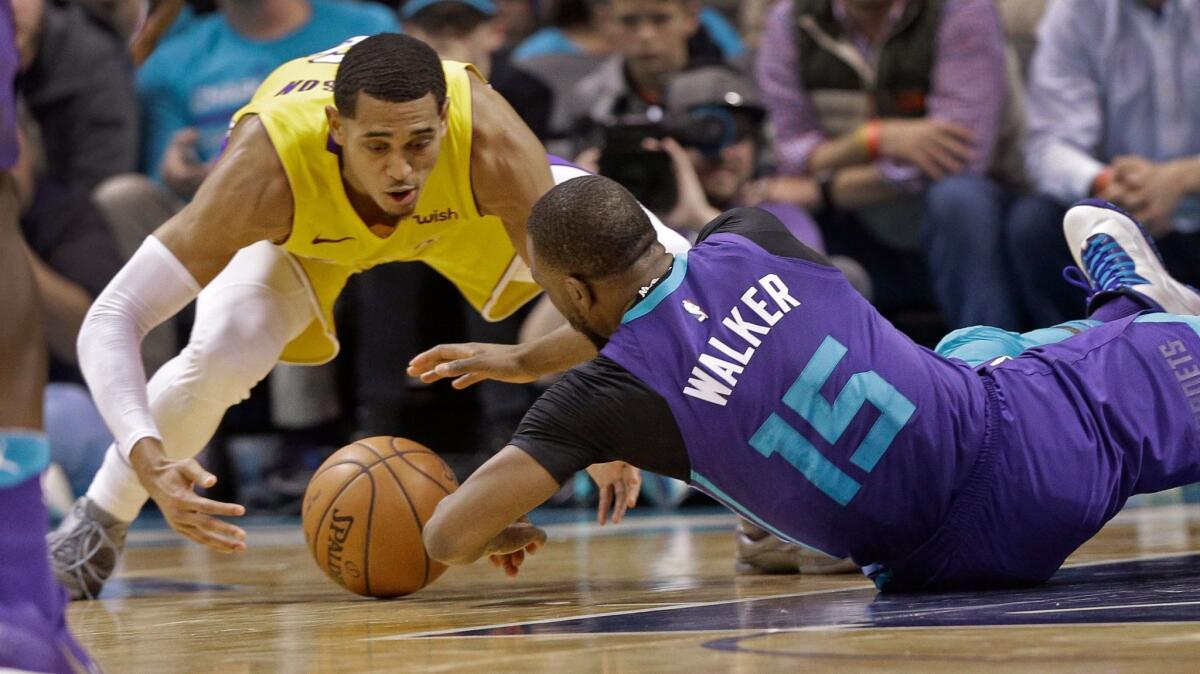 Charlotte Hornets' Kemba Walker loses the ball as Los Angeles Lakers' Jordan Clarkson defends during the second half.