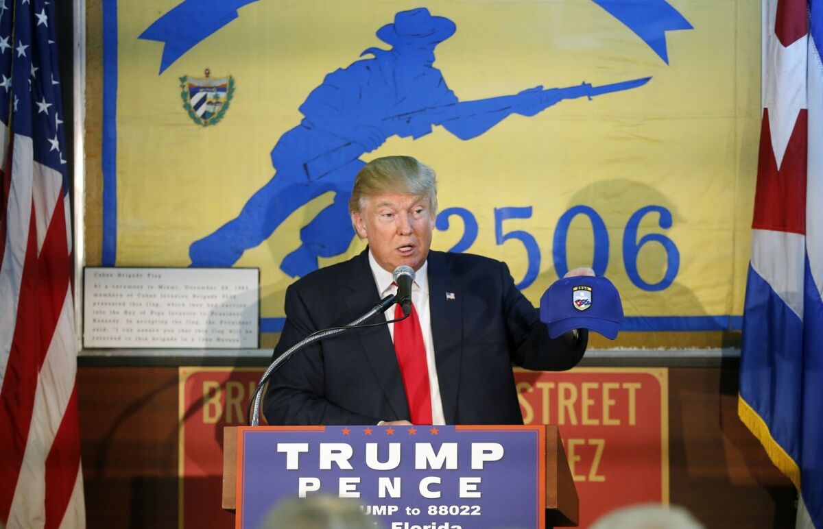 Donald Trump speaks to the Bay of Pigs Veterans Association during a campaign event Oct. 25, 2016, in Miami.