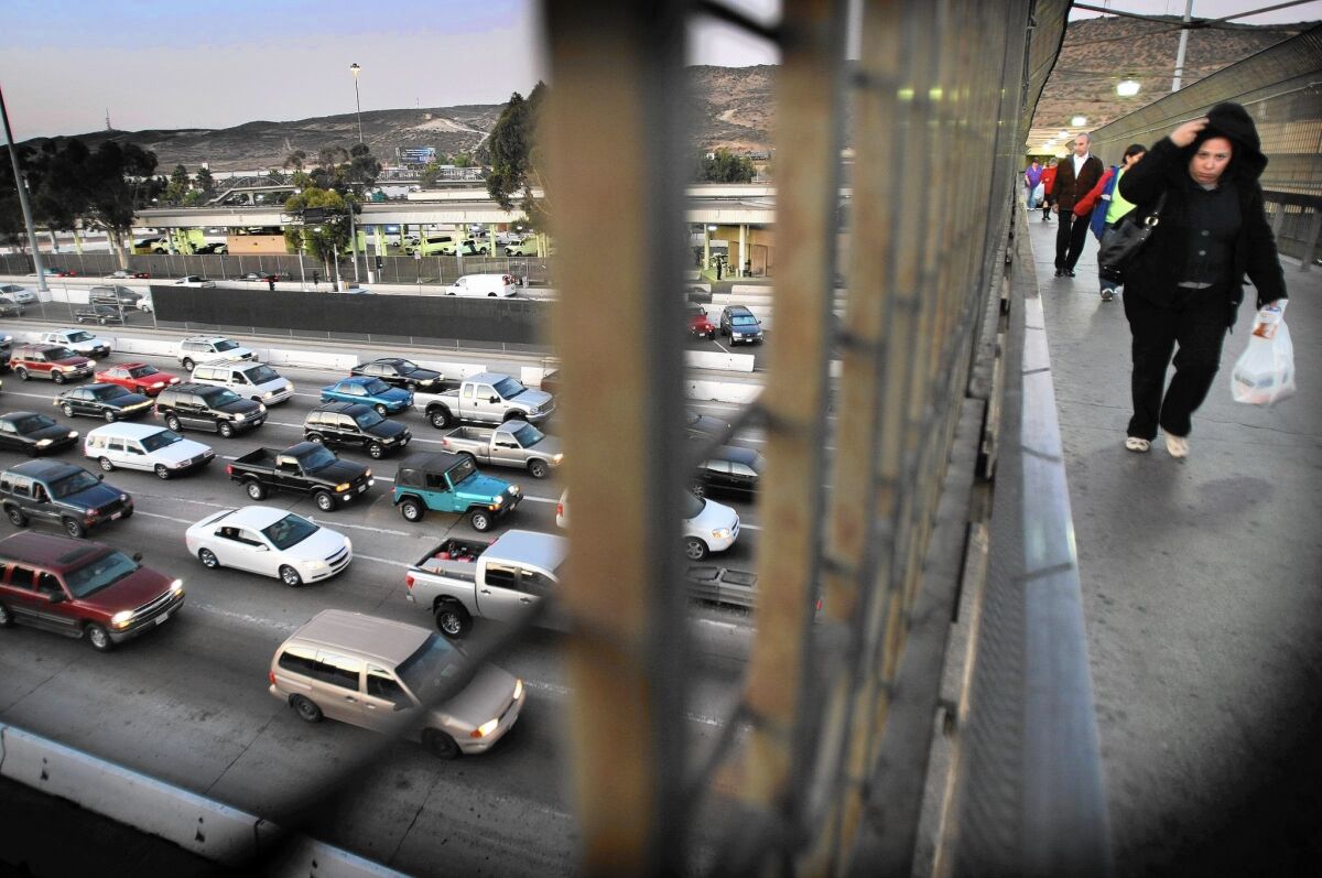 Traffic on the 5 Freeway approaching the San Ysidro/Tijuana border gate clogs all southbound lanes.