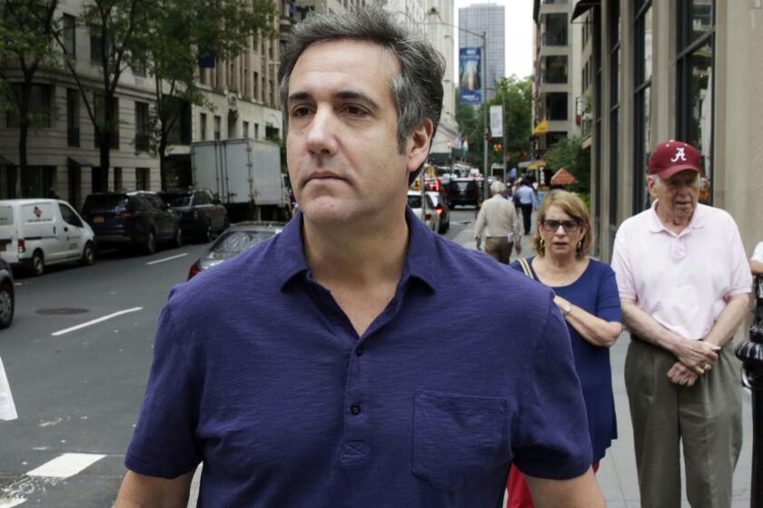 FILE - In a Monday, July 30, 2018 file photo, Michael Cohen, formerly a lawyer for President Trump, leaves his hotel, in New York. Attorney Barbara Jones revealed in a letter filed Thursday, Aug. 9, 2018, in Manhattan federal court that she has completed her review of designations by lawyers for attorney Michael Cohen, Trump and the Trump Organization. After the April 9 raid of Cohens office and residences, Cohen asked a judge to give him a role in deciding what seized items were privileged and could not be seen by prosecutors. The judge appointed Jones. (AP Photo/Richard Drew, File)