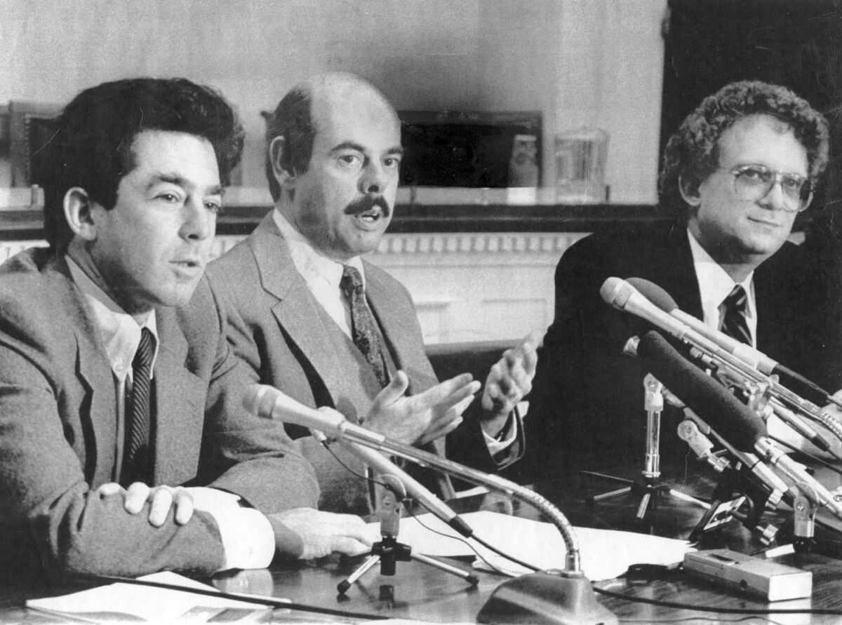 March 8, 1984: California Democratic Congressmen from left Mel Levine, Henry Waxman and Howard Berman hold a press conference in support of Sen. Gary Hart for the Democratic Presidential Nomination.