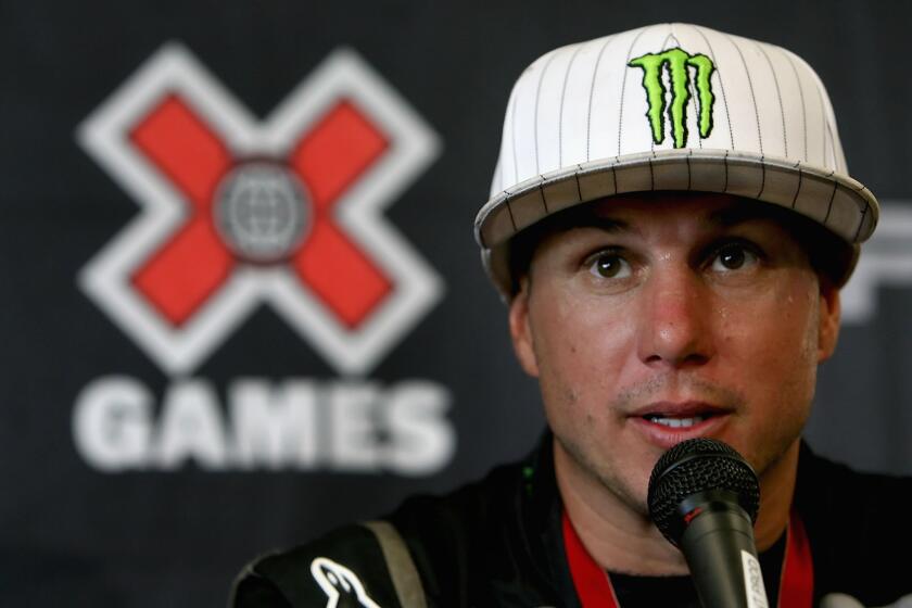 Dave Mirra speaks after winning a bronze medal in the Rally Car race during the summer X Games 14 at Home Depot Center in 2008.