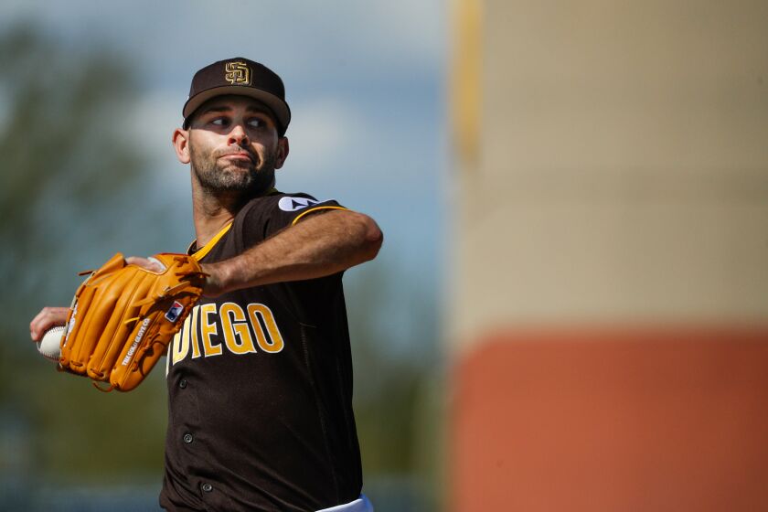 Peoria, AZ - February 20: Padres relief pitcher Nick Martinez (21) pitches for live batting practice during a spring training practice at the Peoria Sports Complex on Monday, Feb. 20, 2023 in Peoria, AZ. (Meg McLaughlin / The San Diego Union-Tribune)