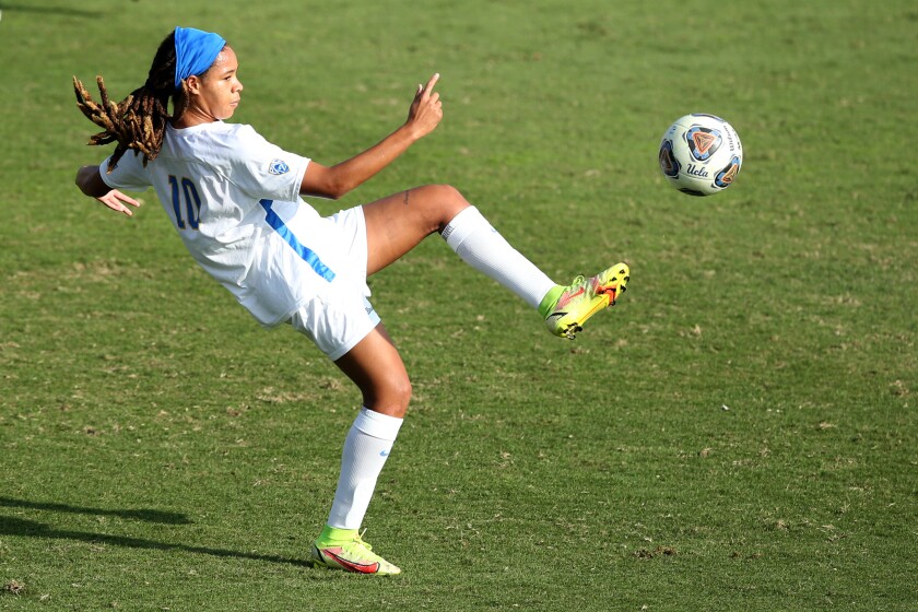 UCLA's Mia Fishel settles the ball during the second half of a game against California.