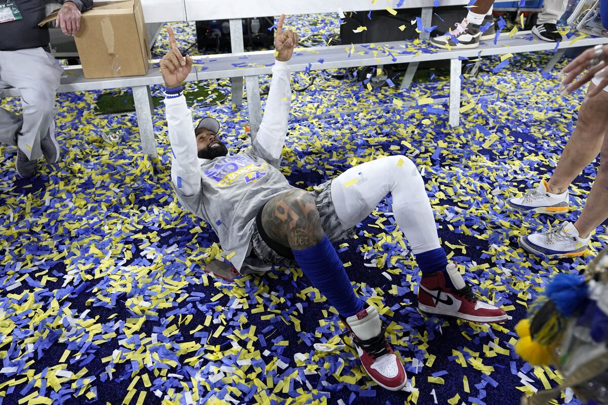 Los Angeles Rams wide receiver Odell Beckham Jr. celebrates after the Rams defeated the Cincinnati Bengals in the NFL Super Bowl 56 football game Sunday, Feb. 13, 2022, in Inglewood, Calif. (AP Photo/Lynne Sladky)