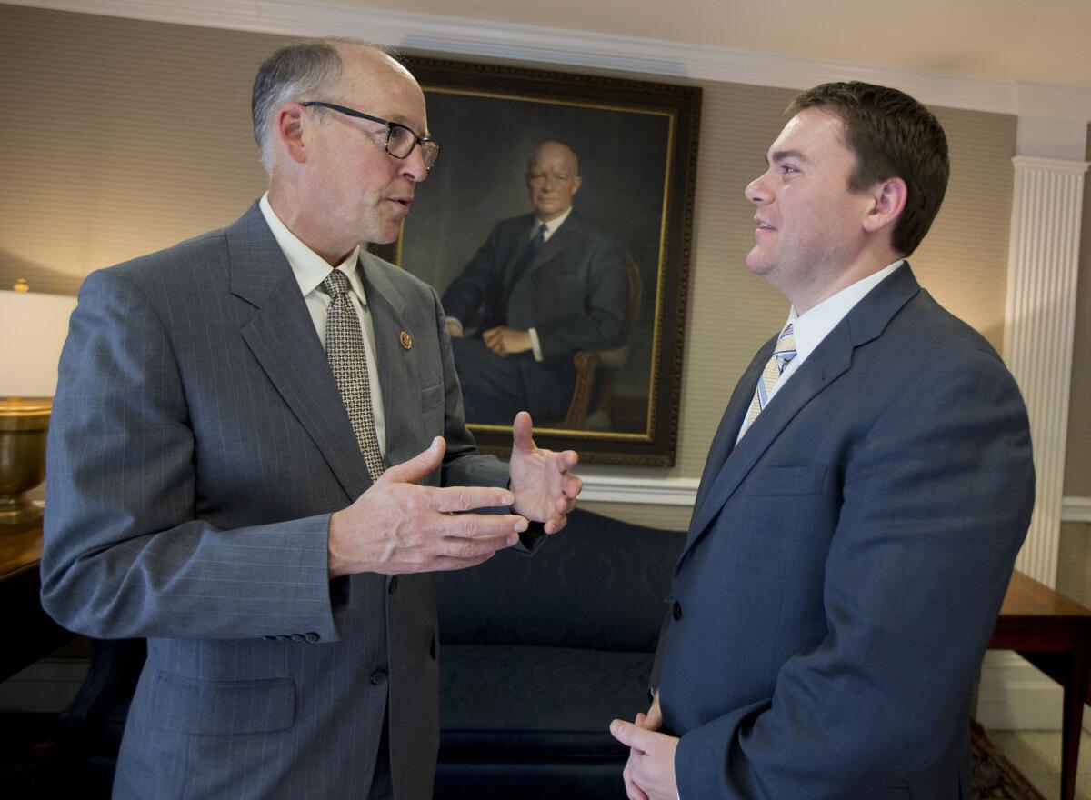 Rep. Greg Walden (R-Oregon), left, speaks with congressional candidate Carl DeMaio earlier this year. Walden, chair of the National Republican Congressional Committee, will stump for DeMaio and some other GOP hopefuls in California next week.
