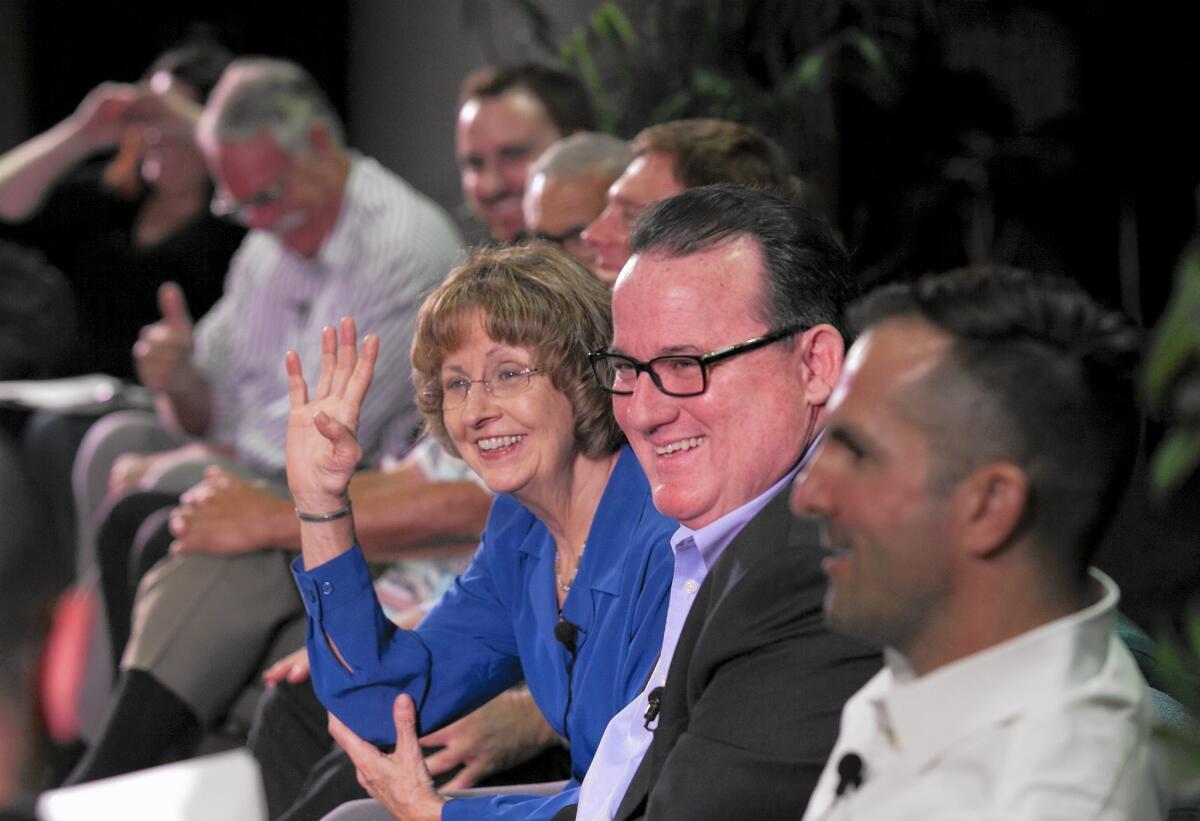 The Costa Mesa City Council on Tuesday opted not to spend any City Hall resources on filming or promoting council candidate debates, such as the Feet to the Fire Forum, pictured in 2014.