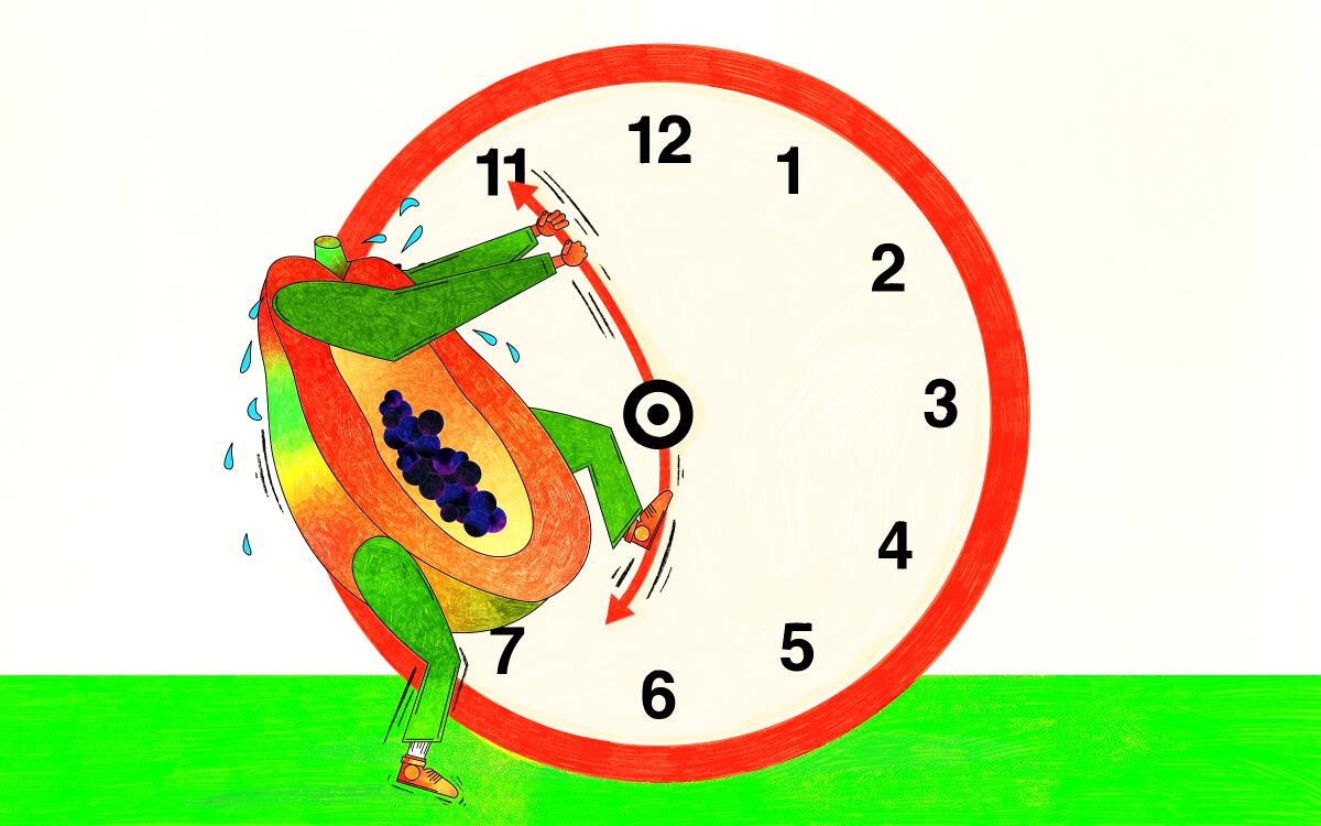 A cartoon figure trying to stop the hands on a clock from moving