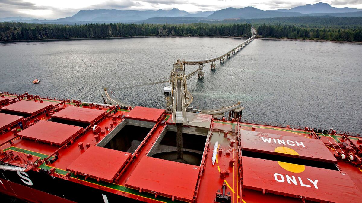 Conveyor belts stretching more than a mile carry gravel and sand from the Orca quarry on Vancouver Island, Canada, to a ship off the coast of Port McNeil. Thanks to a combination of materials science, cheap ocean shipping and, some argue, NIMBYism, today’s industrial concrete mixers in L.A. are often filled with imported rock and sand. (Polaris Materials)